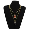 Hip Hop Sieraden Egyptische grote Ankh Sleutel hanger kettingen Sets Mini Vierkant Robijn Saffier met Kruis Charme Cubaanse link Voor heren Fash241j