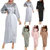 Femmes arabes musulmanes Satin bouffée à manches longues Robe Maxi couleur unie enveloppement avant auto-cravate Abaya dubaï turquie Hijab Robe caftan273e