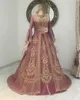 Old Pink Velvet Henna Caftan Prom Formal Dresses Fairy Long Sleeve Beaded Applique Muslim Moroccan Evening Gown Autumn