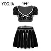 BRAS SETS WOMENS vuxen Maid Cosplay Costume Patent Leather Wetlook V-Neck Puff Sleeve Top Ruffled High Rise A-Line Short kjol Set2844