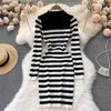 Casual Dresses Striped Sweater Dress Women Winter Clothing 2023 Crew Neck Long Sleeve Button Embellishment Mini Knitted Bodycon