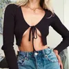 Women's Blouses Shirts Women T shirts Long Sleeve Front Open Tie Up Cardigan Crop Tops Solid Sexy Ladies Club Streetwear Ribbed Knit Top Fall Spring L230919