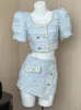 Vestido de duas peças QOERLIN elegante céu azul tweed 2 peças conjunto duplo breasted terno curto casaco cintura alta zíper mini saia de duas peças roupa feminina 230918