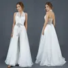 Halter Chiffon Stain Bridal Jumpsuit with Overskirt Train Modest Fairy Beaded Crystal Belt Beach Country Wedding Dress Jumpsuit289v