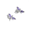 Stud Earrings Wholesale Korean 925 Sterling Silver Dragonfly Shape Gold Color Tiny Purple Cz Birthday Jewelry Gift