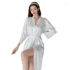 Женская одежда для сна, роскошный женский халат, ночная рубашка из искусственного шелка, свободная ночная рубашка с длинными рукавами, халат с поясом, удобная домашняя ткань в Корейском стиле