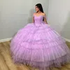 اللافندر مثير قبالة الكتف فساتين Quinceanera كرات كرات الزهور حبات الكريستال tuler tull sweet 16 فساتين حفلة عيد ميلاد حفلة