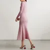 Urban Sexy Dresses Women's pink knitted medium-length dress senior sense of fashion temperament polo collar waist-skimming long dress 230918