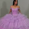 اللافندر مثير قبالة الكتف فساتين Quinceanera كرات كرات الزهور حبات الكريستال tuler tull sweet 16 فساتين حفلة عيد ميلاد حفلة