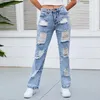 Women's Jeans Ripped Loose Blue Casual Hight Waist Fashion Streetwear Straight Denim Pants 2023 Trend