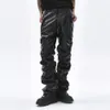 Hip Hop Heren Pu Leer Gestapelde Broek Retro Streetwear Losse Casual Broek Rechte Effen Kleur Cargo Broek