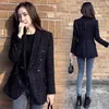 Kvinnors kostymer blazers Autumn Women Fashion Tweed Double Breasted Black Blazer Coat Vintage Long Sleeve Flap Pockets Female Outerwear Chic Suit Femme 230918