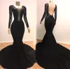Evening Dresses Black Prom Party Gown Formal Mermaid Trumpet Scoop Long Sleeve Elastic Satin Applique Zipper Lace Up Backless New Custom Plus Size