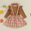 Kleidungssets Baby Mädchen Thanksgiving Outfit Türkei Stickerei Einfarbig Top Plaid Gesamtkleid Herbst Säuglingskleidung