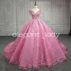 Rosa princesa luxo quinceanera vestidos brilhante boné manga inchado saia applique pérolas espartilho vestidos de baile de marmelo