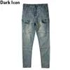 Jeans masculinos lavagem escura vintage magro homens bolsos laterais high street spandex denim calças2069