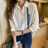 Damesblouses 2023 Zomer Damesblouse Patchwork Chiffon Overhemd Kantoor Dame Pendelknop Lantaarn Lange mouw Vintage Elegant E131