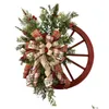 Dekorativa blommor kransar Xmas krans charmig trä bondgård vagn hjul trä jul för vinter konstgjorda girlander droppe läcker dhfmo