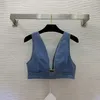 Camisetas sin mangas de mezclilla sexy para mujer, camisola con sujetador azul de diseñador a la moda, tops con cremallera, camisola de motocicleta, ropa para mujer