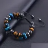 Kedja 10mm Blue Tiger Eye Stone Armband Dubbelskikt Beaded flätad justerbar hematitmagnetarmband armband manschett för män juvel dhazx