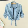 Women's Blouses Women Lightweight Jacket Loose Chic Half-sleeve Cardigans Turn-down Collar Lace-up Design Shirt