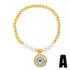 Charm Armbanden FLOLA Koper Vergulde Kralen Elastisch Voor Vrouwen CZ Crystal Fatima Blue Eye Lucky Sieraden Brtj06