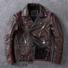 Skórzana skórzana skórzana skórzana brązowa brązowa kurtka motocyklowa Mężczyźni Naturalne oryginalne kurtki z krowitu jesień Slim Fit Biker's OoBlique Zipper płaszcz 230919