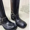 Designer Knight Boots Metal Buckle Fashion New Block Heel Platform Brown Black Women Knee Boots