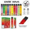 Orijinal Shenzhen Sunfire 700 Puflar Tek Kullanımlık Vape Kalem 2ml Önceden doldurulmuş Elektrikli Sigara 10 Lezzetler TPD ROHS CE Onaylı buhar 0% 2% 3% 5% Puf 800 900 Kasırga Vapes