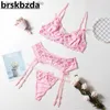 Set di reggiseni Set di reggiseni Brskbzda Delicato set di lingerie di pizzo rosa Donna Love Heart Ricamo Mutandine Intimo Donna Sexy Reggiseno a 3 pezzi Giarrettiere L230919