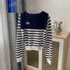 Niche française printemps/été femme chemise en tricot col marin rayure contraste couleur pull Cardigan