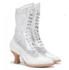 Stövlar US4-11 Kvinnor viktorianska pekade tå Mid-Calf Boots Läder Lace Hollow Out Punk Lace Up Strange High Heel Shoes Plus Sizema1 230919
