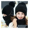 21 Designs Chapéu de malha de inverno 3 peças terno Hataddscarfaddrespirator com máscara capuz Beanie Scarf Caps Outdoor Chapéus Quentes Gota Entrega Dhmi3