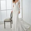 Nouveau élégant blanc sirène robes de mariée dentelle Appliques balayage train dos nu pays robes de mariée manches longues col en V mariage G324l