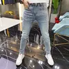 Mens Jeans Elegante Luxo Streetwear Slim Fit com Lavagem Angustiada e Stretch Blue Cowboy Designer 230915