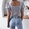 Blusas femininas vintage boho camisa feminina verão lanterna manga pescoço quadrado sexy chiffon topos blusa floral retro aberto volta plissado