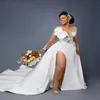 2021 Plus Size Arabische Aso Ebi Zeemeermin Kant Kristallen Bruidsjurken Pure Hals Hoge Split Afneembare Trein Bruidsjurken ZJ575291o