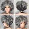 Cinza frontal wiigs cabelo humano para mulheres negras moda curto pixie cachos bob penteado kinky encaracolado máquina feita nenhum laço sem cola saltpepper peruca cinza 130% densidade