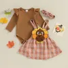 Kleidungssets Baby Mädchen Thanksgiving Outfit Türkei Stickerei Einfarbig Top Plaid Gesamtkleid Herbst Säuglingskleidung