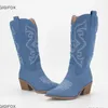 Stivali punta a punta denim moda ginocchio alto a metà polpaccio per le donne retrò cowboy cowgirls occidentale autunno vendita calda scarpe 2023 230919