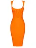 Grundläggande avslappnade klänningar högkvalitativa kvinnor Celebrity Party Orange Sexig ärmlös Bodycon Bandage Night Club Fashiondress 230919