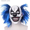 Inne imprezy imprezowe dostarcza realistyczne lateksowe niebieskie włosy uśmiechnięta maska ​​klauna Halloween Haunted House Ghost HEADGEAR Party Cosplay Przerażające rekwizyty Q230919