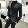 Solid Black Slim Fit Blazer Hombre Pu Leather Jacket Men One Button Business Casu