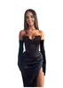 Robes de bal de gaine noire sexy longue pour les femmes appliques en dentelle plies de plancher haut haut côté anniversaire divisé anniversaire célébrité robes de fête de soirée OCNS 2024