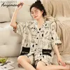 Mulheres sleepwear suco de verão mulheres pijamas M-5XL plus size quimono sleepwear shorts casuais loungewear algodão lapela desenhos animados homesuits 2 peças conjunto l230919