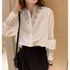 Damesblouses Kant Zwart Wit Vrouwblouse Lange mouw Ondershirt Vrouwelijke chiffon Top Camisas Dames