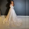 Champagne Strapless Bow Wedding Guest Dresses With Remove Train Detachable Train Short Beach Wedding Dress For Girl Bling Tulle Bridal Gown