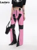 Pantalon Femme S Lautaro Printemps Automne Sexy Rose et Noir Patchwork Creux Pu Cuir Flare pour Femmes Emo Designer Gyaru Vêtements 2023 230919