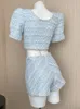 Vestido de duas peças QOERLIN elegante céu azul tweed 2 peças conjunto duplo breasted terno curto casaco cintura alta zíper mini saia de duas peças roupa feminina 230918