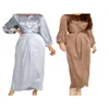 Femmes arabes musulmanes Satin bouffée à manches longues Robe Maxi couleur unie enveloppement avant auto-cravate Abaya dubaï turquie Hijab Robe caftan273e